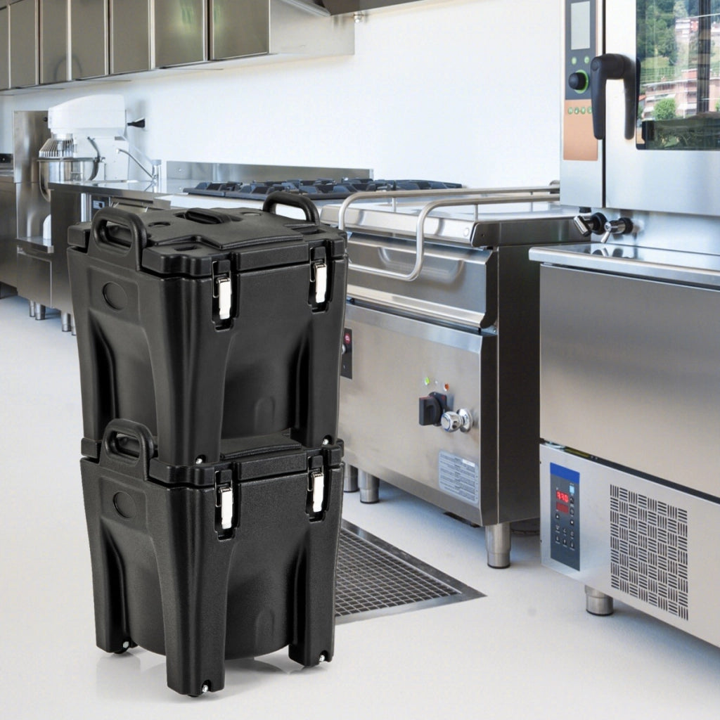 Contenitore termico e portatile per cibo e bevande da 30L-Portavivande ermetico impilabile in acciaio inox con 4 ruote e 2 freni Nero