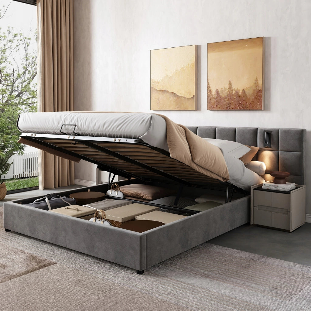 Letto imbottito - Xylo - 160x200 - Grigio - Velluto idraulico