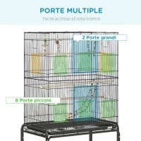 Gabbia per Uccelli in Acciaio con Posatoi, Giochi, Contenitori per Cibo e Vassoio, 79x49x133 cm, Nero