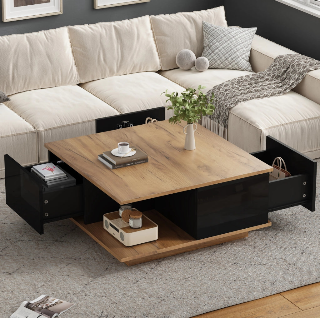 Tavolino da caffè 70x70x31;5 cm con 3 cassetti e vano aperto in truciolare nero e naturale