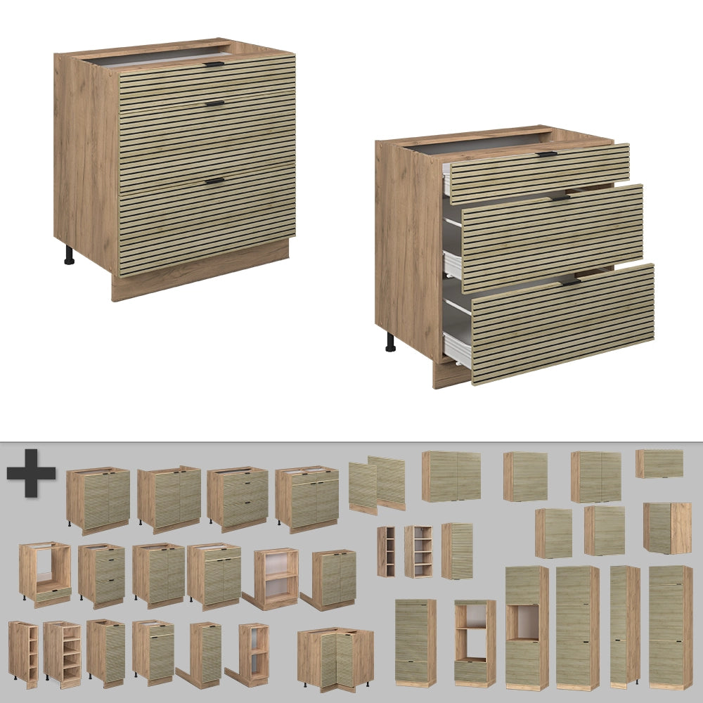 Mobiletto base per cucina Fame-Line Pannello in quercia/Rovere dorato 80 cm con 3 cassetti, PL Marmo Vicco