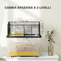 Gabbia per Criceti a 2 Piani con Ruote, Tubi, Ciotola, Bottiglia e Rampa, 58x43x57 cm, Nero
