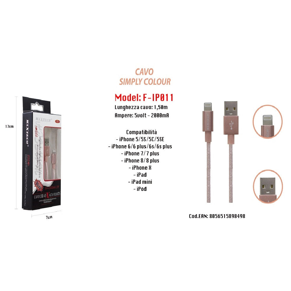 Trade Shop - Cavo Filo Usb Veloce Ricarica Per Iphone 5volt - 2000ma 1,50mt Maxtech F-ip011 -