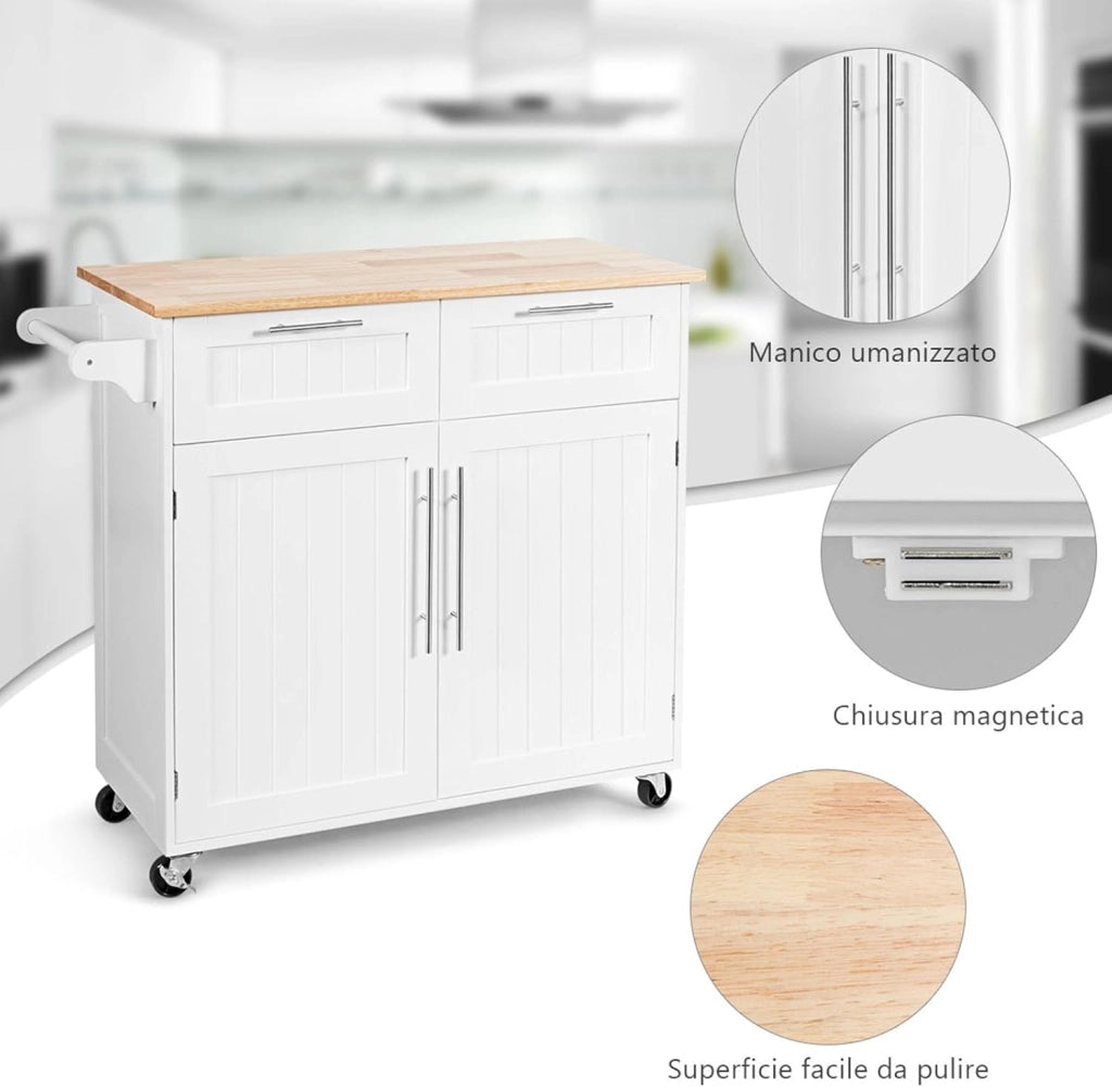 Carrello da Cucina, Isola da Cucina con Cassetti Portaoggetti e Armadietti, Ruote Universali e Portasciugamani, Ideale per Casa Ristorante Bar (Bianco)