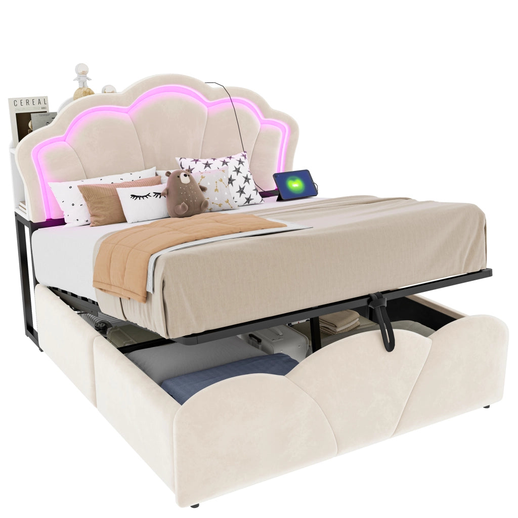 LETTO Contenitore 140x200 cm Beige in Velluto con LED e prese integrate