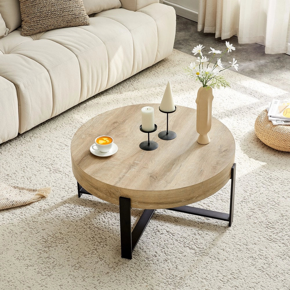 Tavolino da Caff¨¨ Rotondo ¨C MINIMAL ¨C MDF Effetto Legno, Metallo Nero, ?68 cm