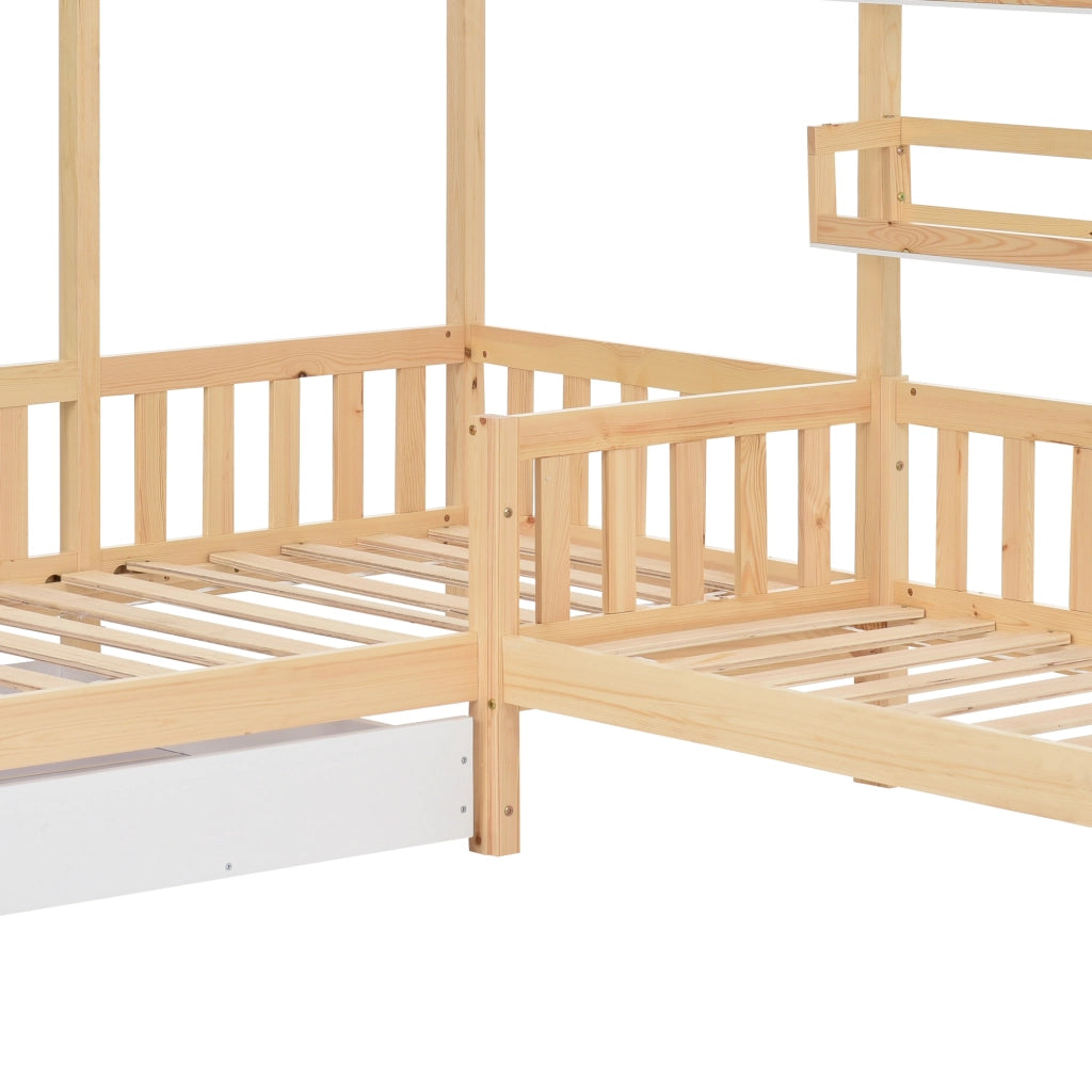 DESMIU Letto casetta 1 posto con cassetto, scaffali e sponde 90 × 200 cm e 140 × 70 cm, senza materasso
