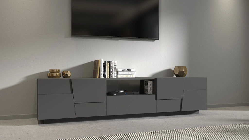 Mobile Tv 4 Anta 1 Cassetto e Ripiano a Giorno 220x44x46 cm Pongo 4A 1C Grigio Antracite Opaco
