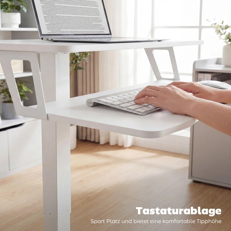 Scrivania lineare regolabile in altezza con vassoio tastiera e ruote, con telaio in acciaio, bianco 65 × 60 cm