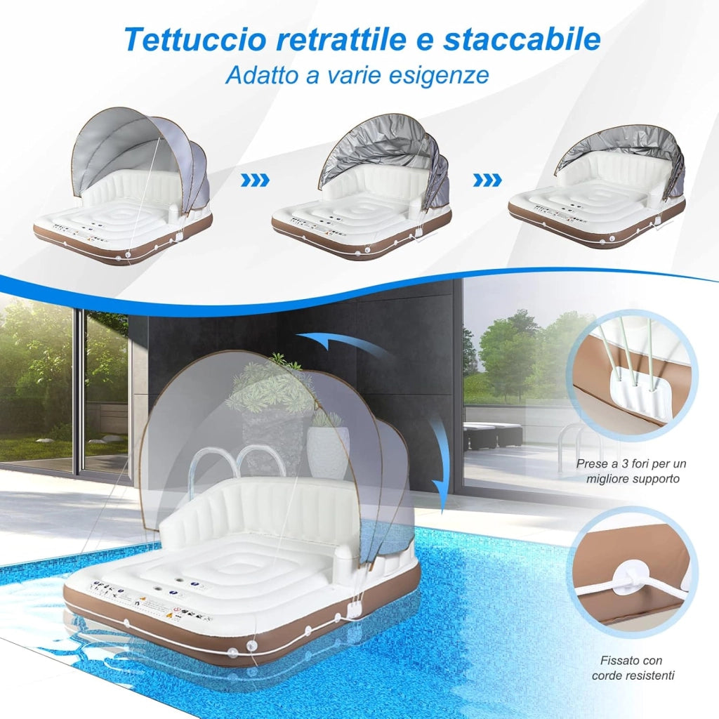 Letto Galleggiante Gonfiabile, Letto Galleggiante Mare con Tettuccio Retrattile e Rimovibile, 2 Porta Bicchieri, per Interna ed Esterna, UPF50+, Portata 200 kg
