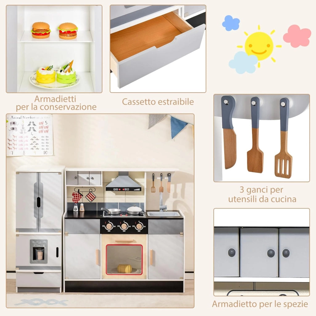 Cucina per Bambini in Legno con Funzione Luci e Suoni, Frigorifero, Macchina del Ghiaccio, Forno, Microonde, Lavello e Rubinetto, 3+ Anni