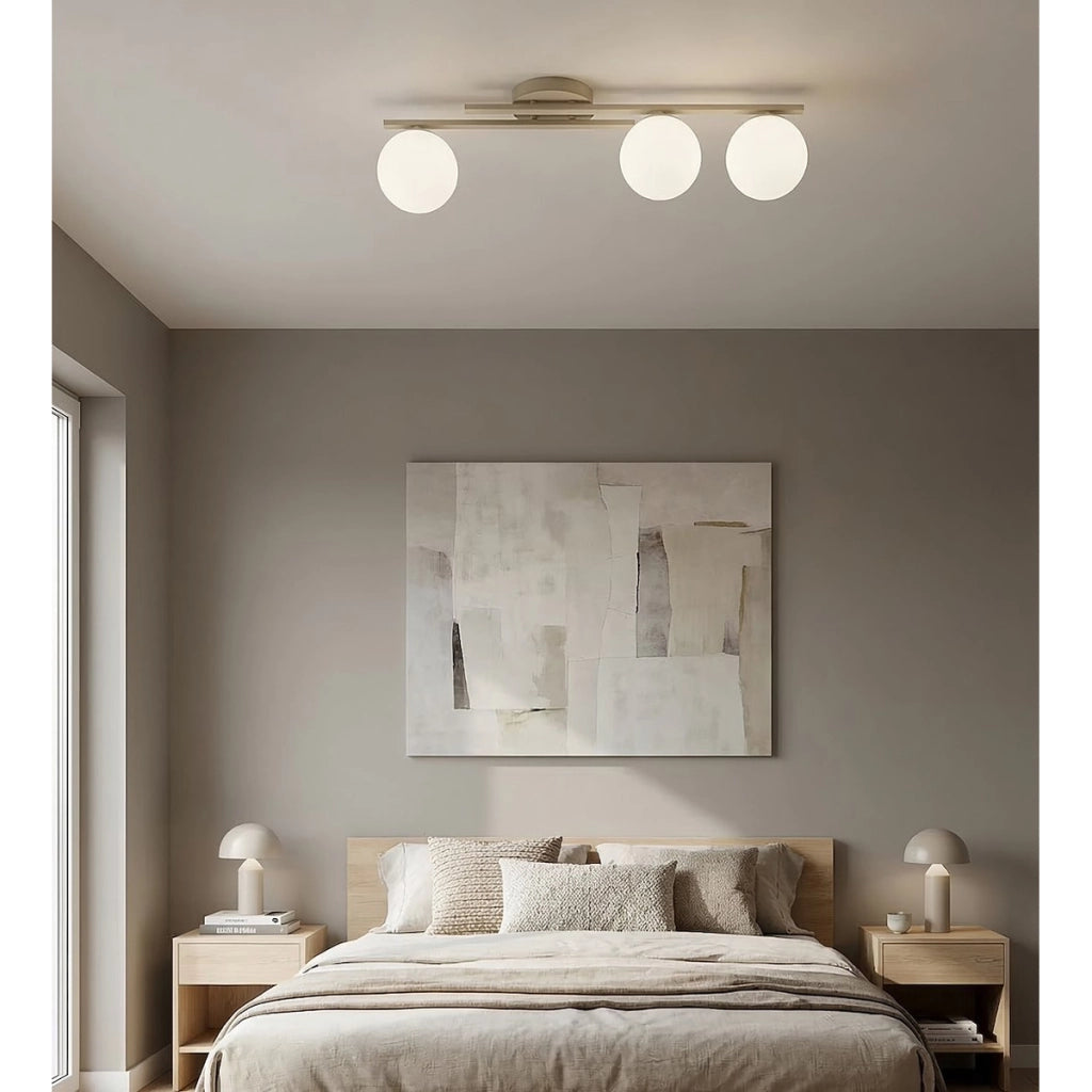 Lampada a sospensione Kairo in acciaio beige e vetro opale