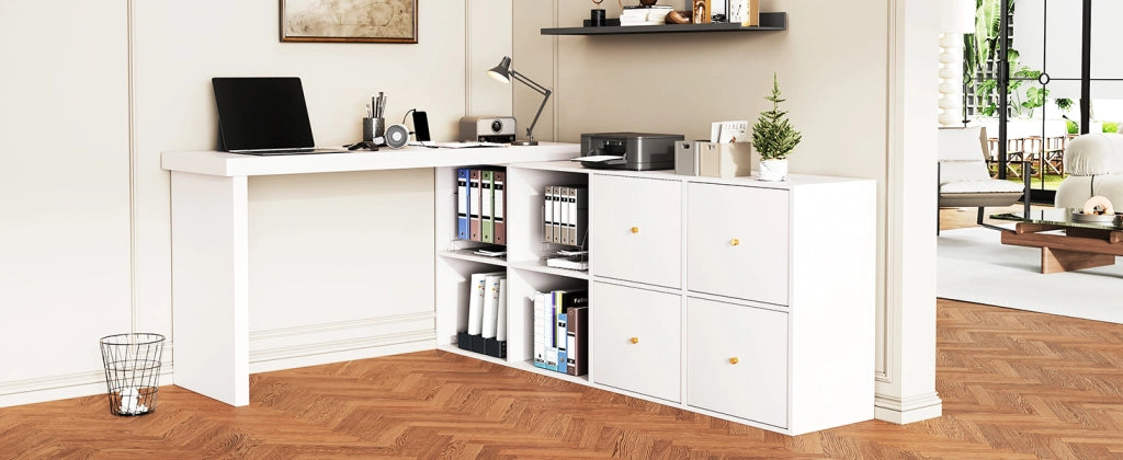 Scrivania angolare girevole a 360° con 4 cassetti e 4 vani, con sistema antiribaltamento, per ufficio, in MDF, bianco