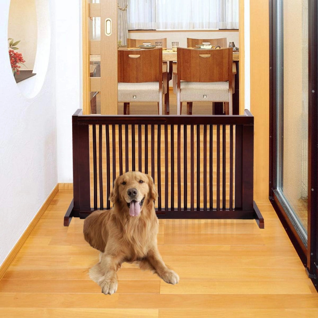 Recinto per Cani da Interno, Cancelletto Regolabile in Legno con Base Larga e 3 Ante, Recinzione per Animali Domesti di Piccola/Media Taglia, 140-203 x 9,5 x 56 cm