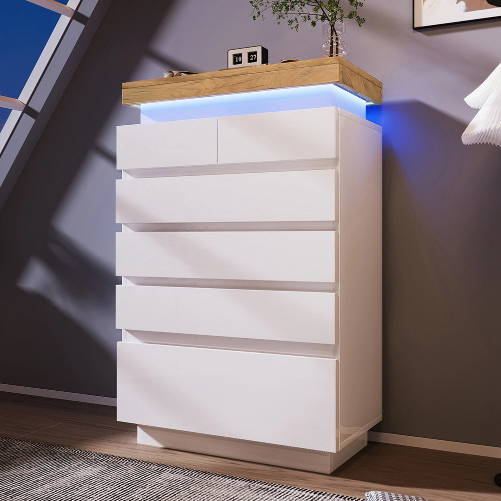 Commode Buffet in legno lucido - Xylo - 115x73x39 cm - Bianco - 6 cassetti, illuminazione LED (App Control)
