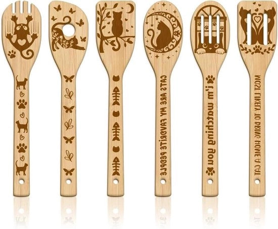Set di Cottura in Bambù - 6 Pezzi - Cucchiai in Legno con Disegno - Spatola da Cucina - Cucchiaio in Legno per Cottura - Regalo per l'Amicizia