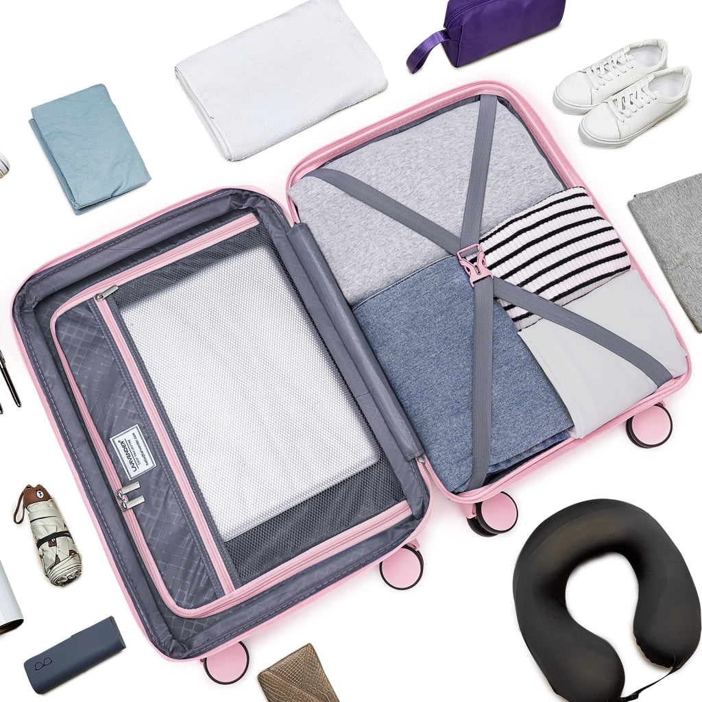 Set di valigie leggere da 3 pezzi, bagaglio a mano espandibile in PP da 20 pollici con ruote, colore rosa