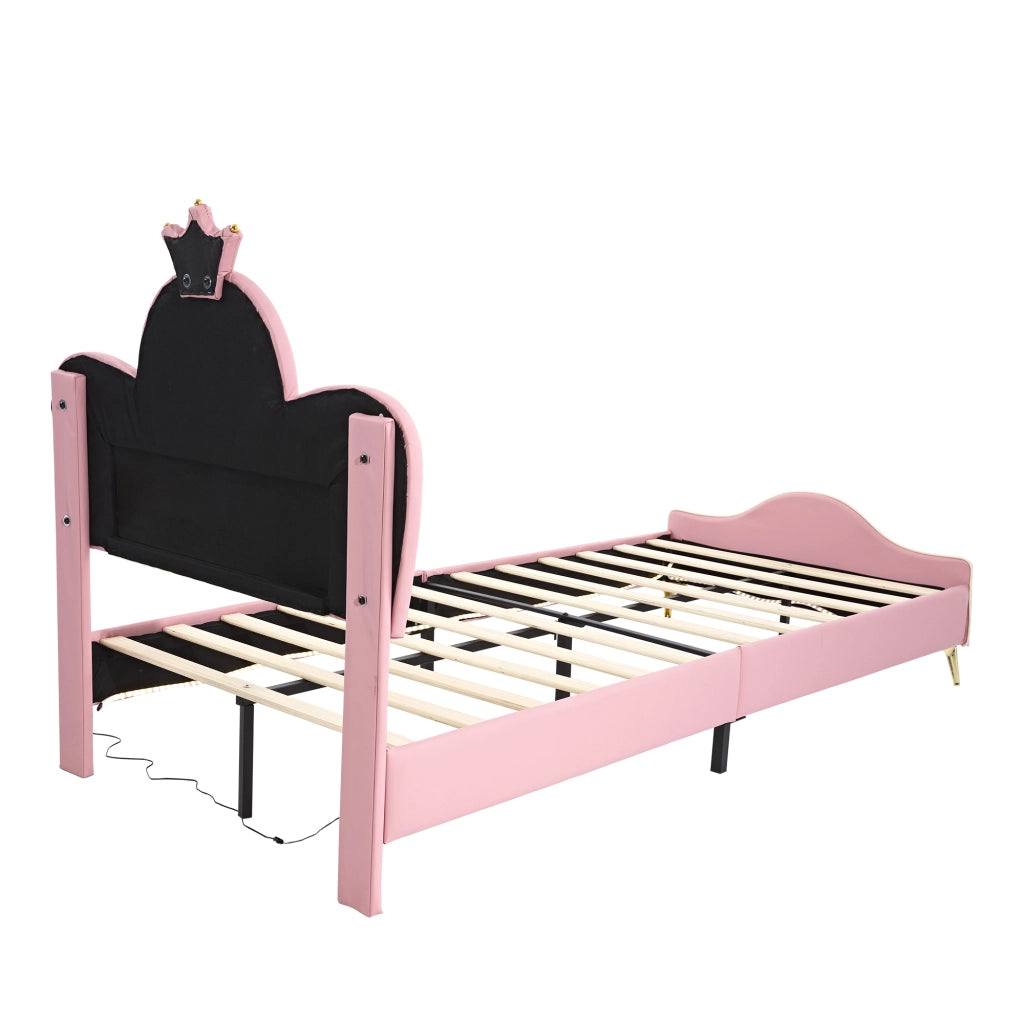 Letto per Bambini 90 x 200 cm; Letto Singolo - LED e Bordi Morbidi - PU Rosa e Bianco