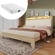 Letto matrimoniale-Xylo-160x200 cm-LED, testiera velluto, quercia chiaro, con materasso