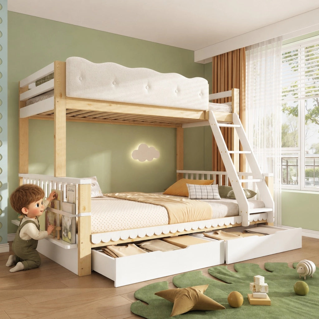 Letto a castello in legno 90x200/140x200 cm con parapetto nuvola; 2 cassetti; portariviste e certificazione EN 747:2024; bianco/rovere