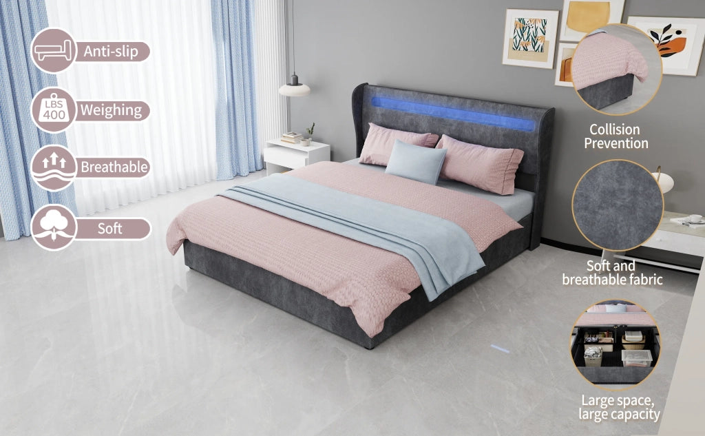 Letto imbottito moderno minimalista con testiera LED integrata, base rialzata multifunzione con sollevatore a gas, 160x200 cm, grigio. Materasso non incluso.