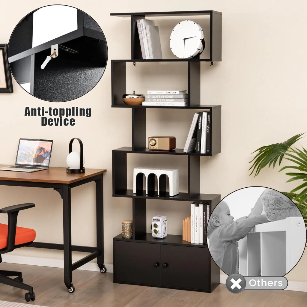 Libreria Scaffale a 5 Livelli, Libreria Verticale, Divisorio per Stanza, Armadietto con 2 Ante, Scaffale Salvaspazio e Multiuso per Soggiorno, Camera da Letto, 70 x 23 x 183 cm (Nero)