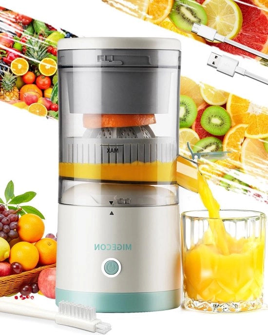 Centrifuga elettrica per succo di agrumi - caricabile via USB - portatile - funzione gocciolamento - arancia limone pompelmo - set di spazzola per pulizia - bianco