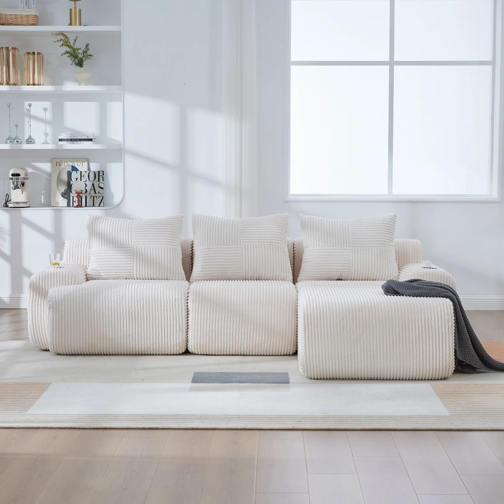 Divano modulare in corduroy per 3 persone con portabicchieri e tasca laterale per soggiorno beige 268 × 174 × 80 cm