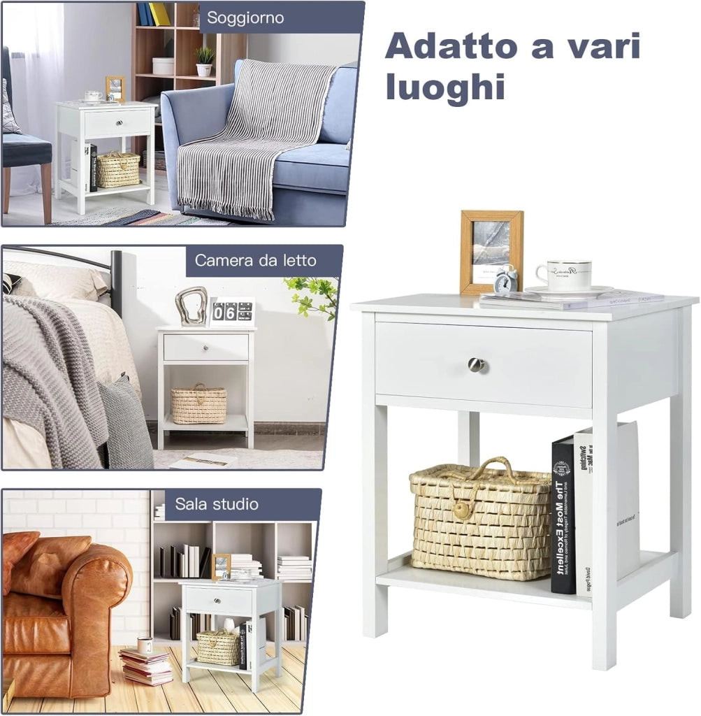 Comodino con Cassetto, Tavolino in Legno con 2 Livelli, Cassettiera da Letto Multifunzionale per Salone Camera da Letto Corridoio, 48 x 40 x 58 cm (Bianco, 2 Pezzi)