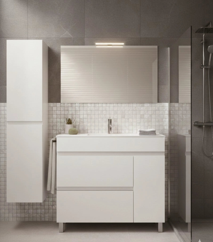 Mobile Bagno FENRIR Già Montato 2 cassetti e porta con piedini, lavabo e specchio Bianco lucido 90x45 cm con colonna