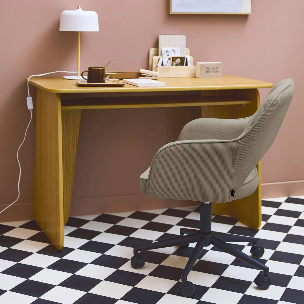 Sedia da ufficio in velluto a coste con rotelle, beige