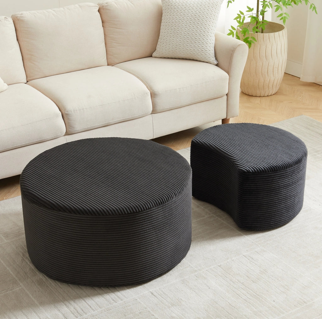 Set di 2 tavolini pouf rotondi in tessuto nero