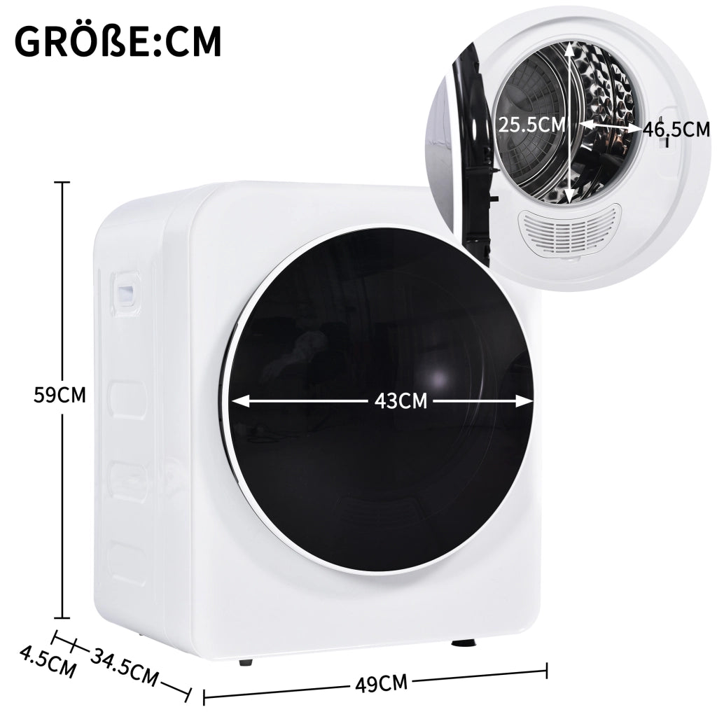 Asciugatrice compatta 3 kg 830W con 5 programmi; cestello in acciaio inox; bianca