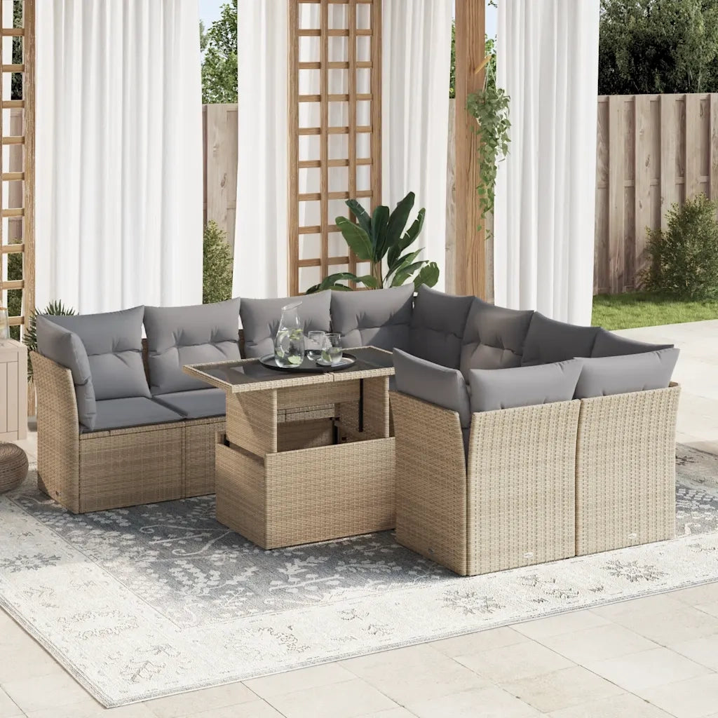 Set Divano da Giardino 9 pz con Cuscini Beige in Polyrattan