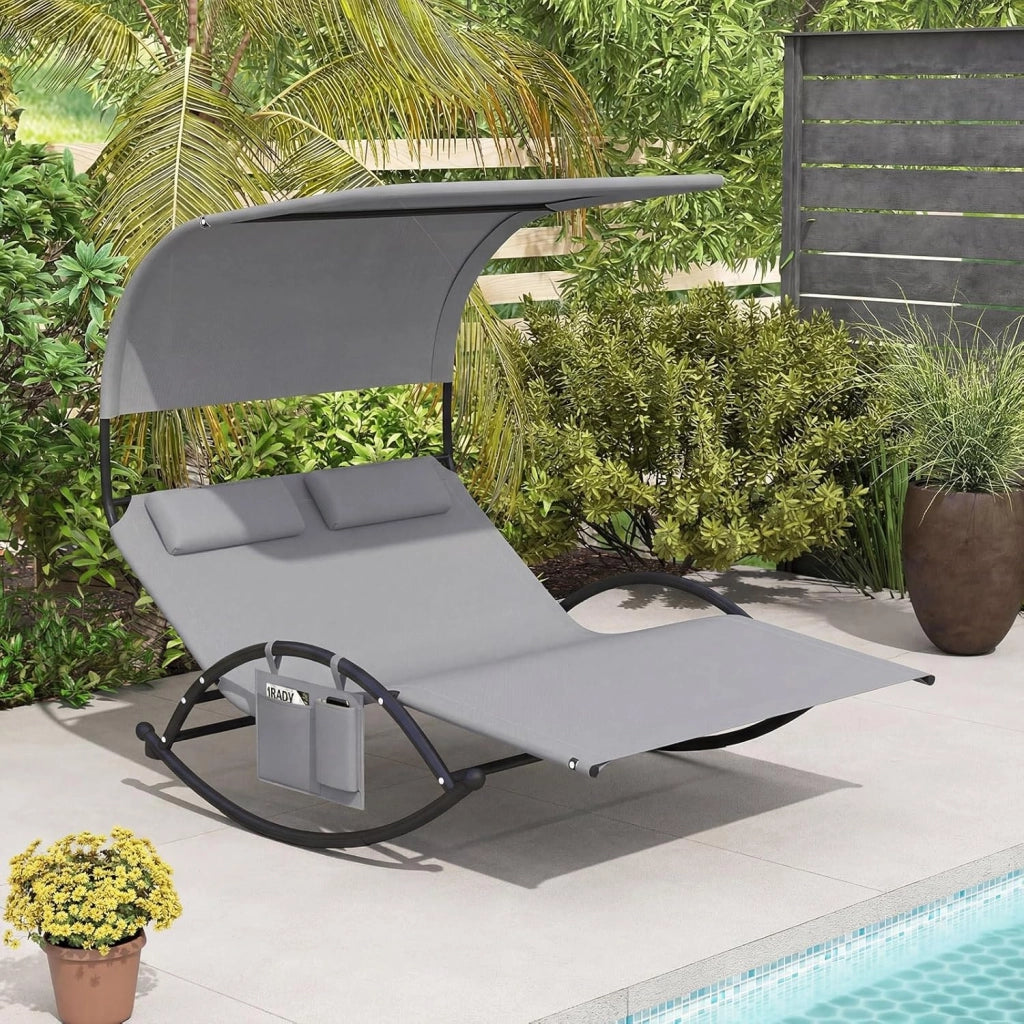 Poltrona a Dondolo Doppia, Lettino a Dondolo con Tettoia, Cuscini Poggiatesta, Braccioli e Struttura in Metallo, Lettino a Dondolo per Patio, Cortile, Bordo Piscina (Grigio)