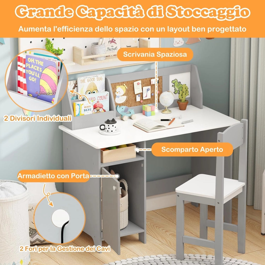 Set Scrivania e Sedia per Bambini per Studio e Lettura, Grigio | Banco Scuola con Sedia Ergonomica, Lavagna Bianca, Pennarello, Armadietto e Bacheca, Postazione Computer per Cameretta Studio