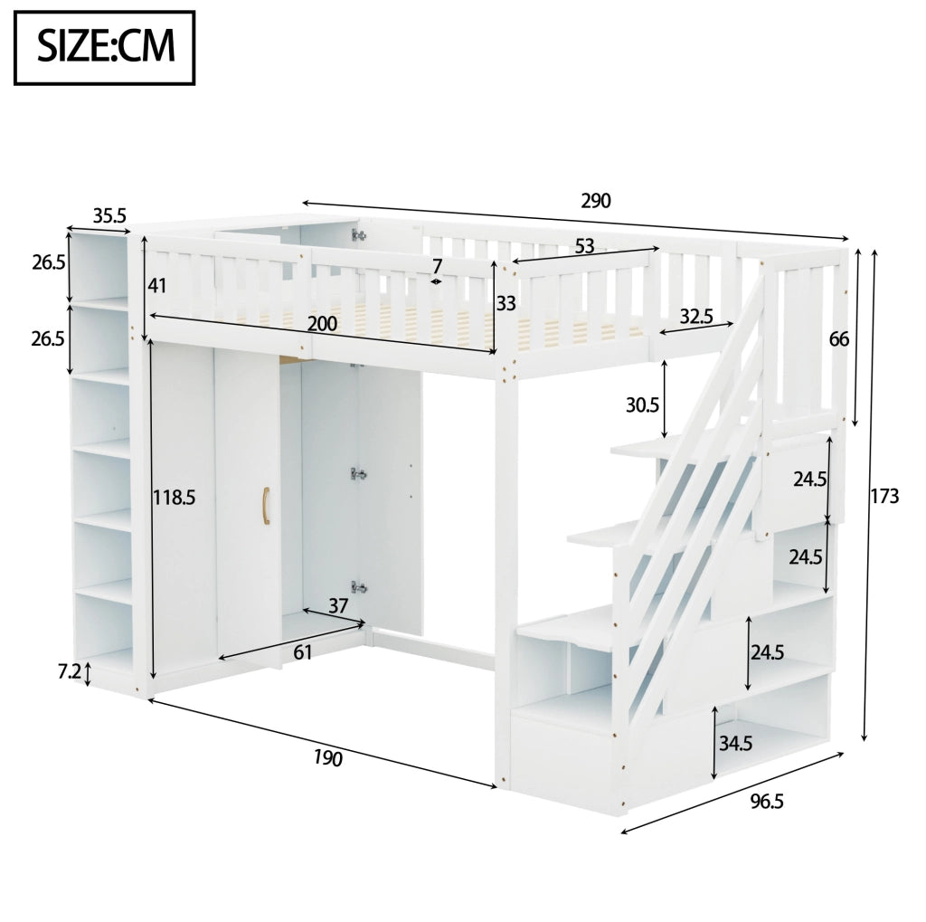 Letto a soppalco multifunzione 90x200 cm con armadio ampio, mensole e scaletta di sicurezza bianco