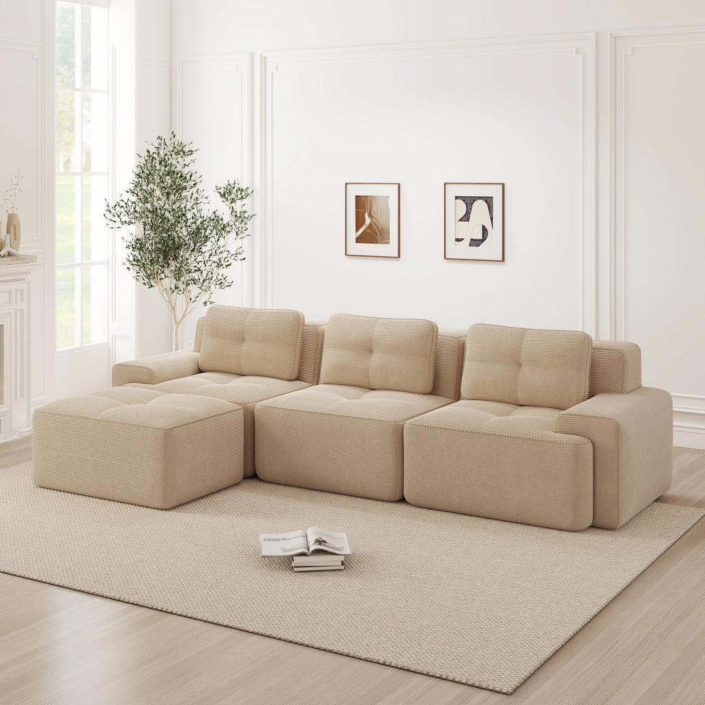 Divano modulare 3 posti con ottoman; seduta profonda; senza montaggio; velluto a coste beige
