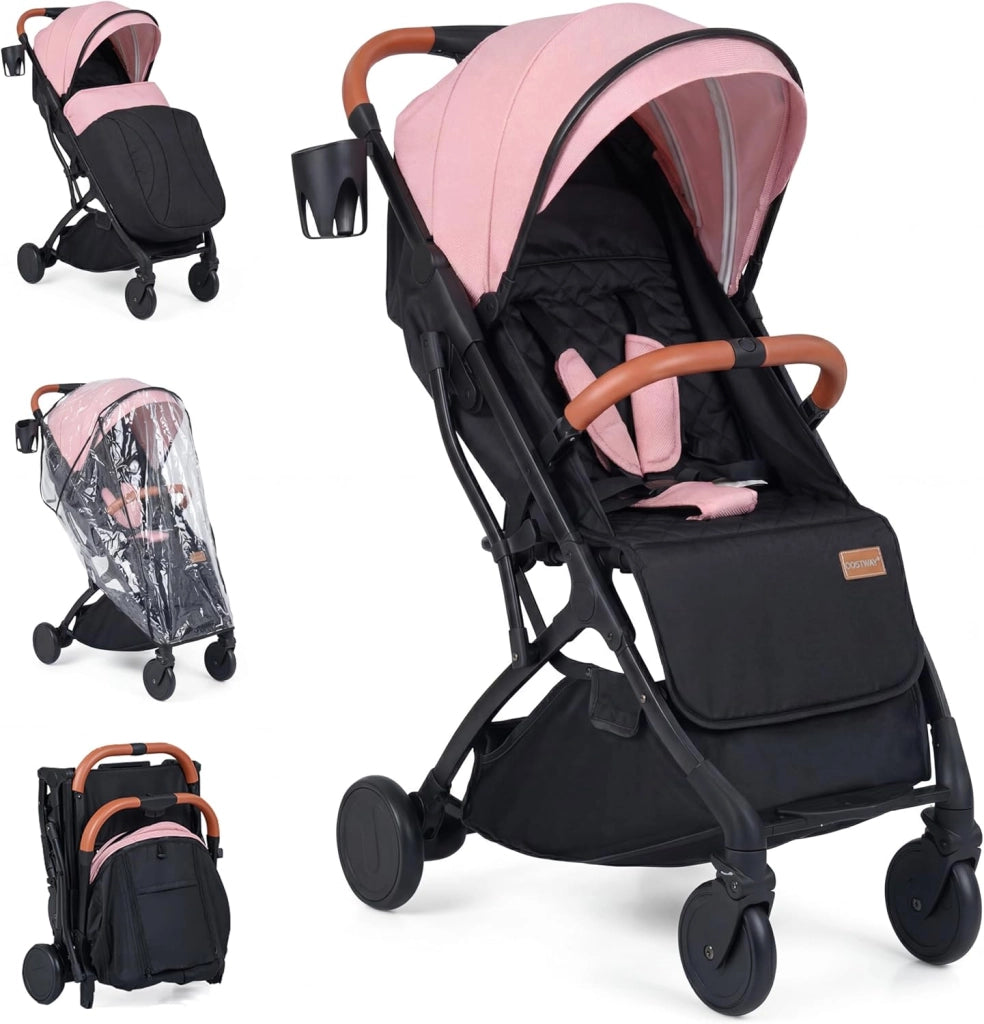 Passeggino Leggero per Bambini e Neonati, Passeggino Pieghevole e Portatile con Ruote, Schienale Regolabile, Tettuccio, Cintura di Sicurezza, Cesto e Copertura Antipioggia (Rosa)