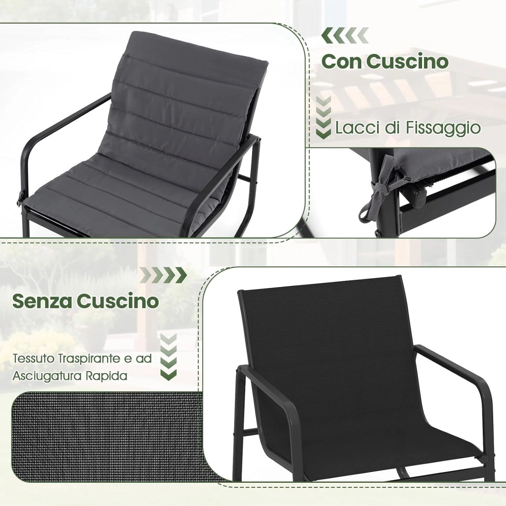 Set Tavolino e Sedie da Giardino con Cuscino, Set di Mobili a Dondolo, Set Bistrò 3 Pezzi, Tavolino in Vetro Temperato, Sedie in Textilene, per Giardino Cortile Piscina (Modello 2)