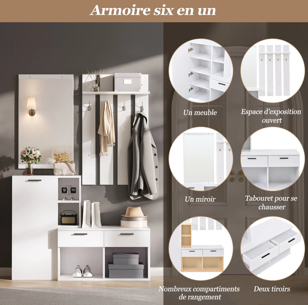 Garderoba da ingresso con specchio; 2 cassetti; 4 ganci e scarpiera 120x35x175;5 cm; bianco
