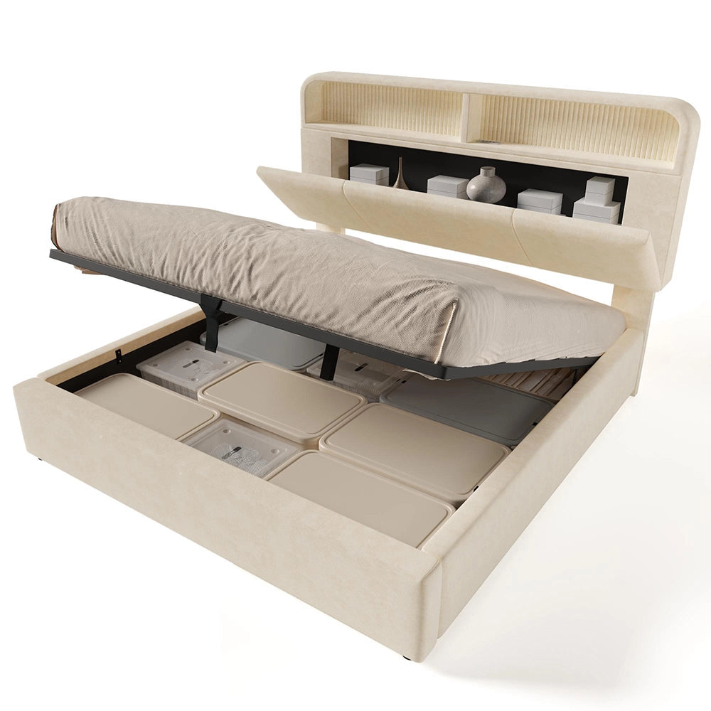 Letto 180x200cm?- Xylo - idraulico LED USB velluto beige