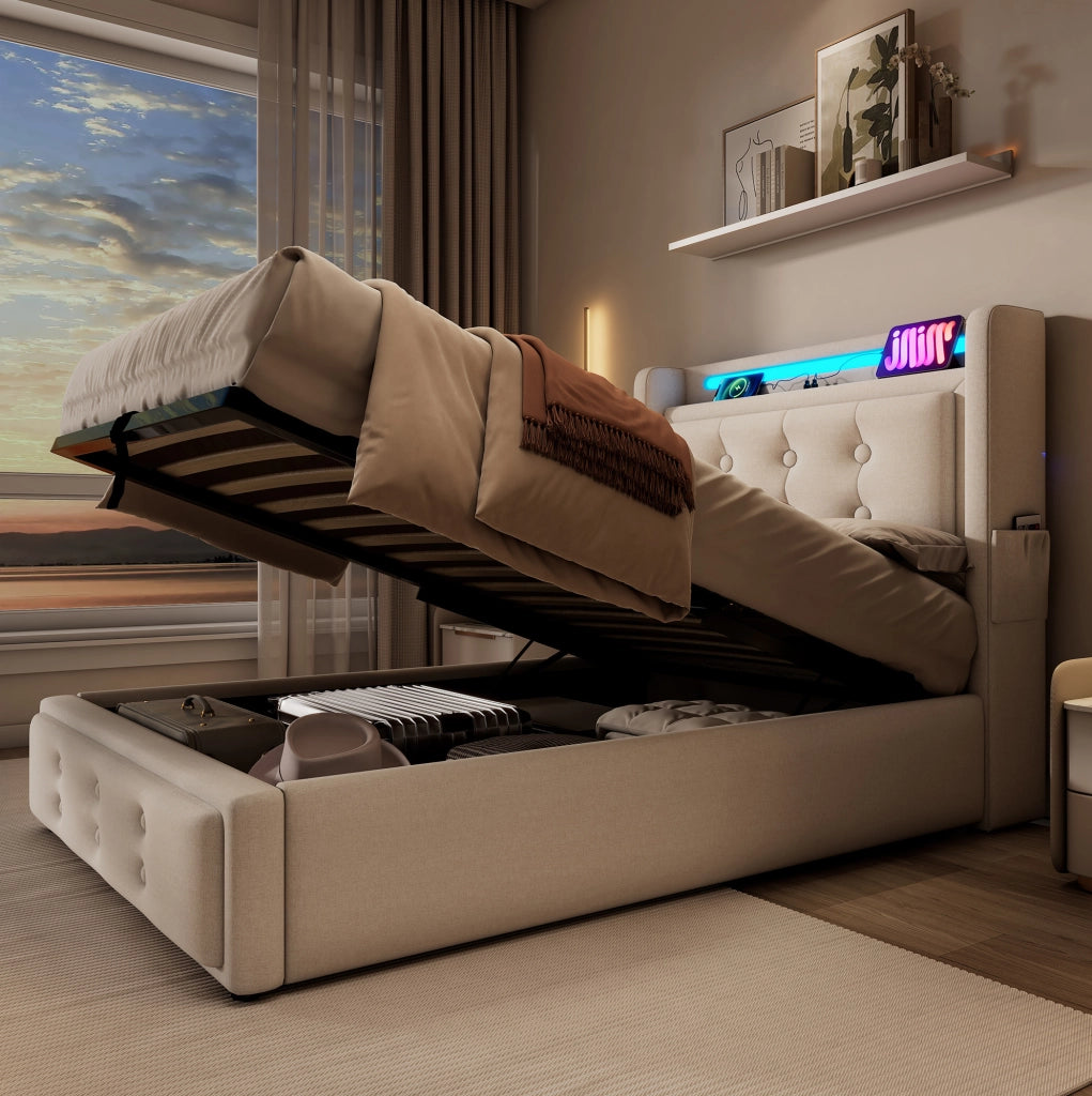Letto imbottito 90x200 cm con contenitore; LED; prese USB e Type-C; beige