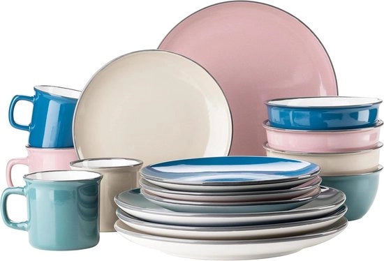 Serviesset vintage per 4 persone - look retro moderno - ceramica - petrol/rossa scura/beige/blu scuro.