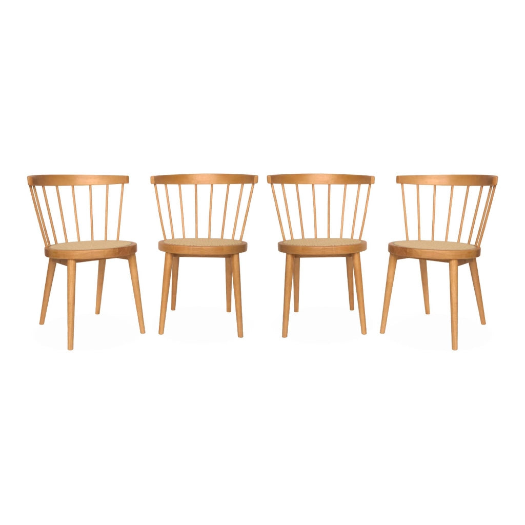 Set di 4 sedie in legno e paglia, marrone naturale