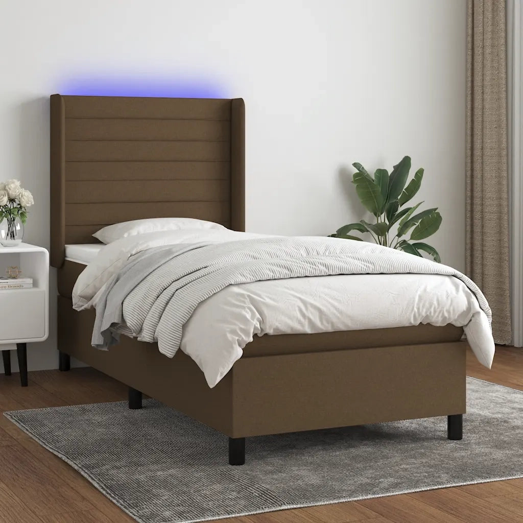 vidaXL Letto a Molle Materasso e LED Marrone Scuro 90x200cm in Tessuto