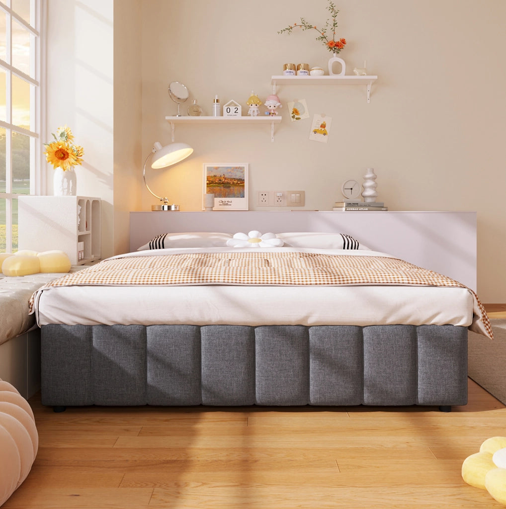 Letto matrimoniale imbottito 140x200 cm in lino grigio con contenitore idraulico; senza testiera