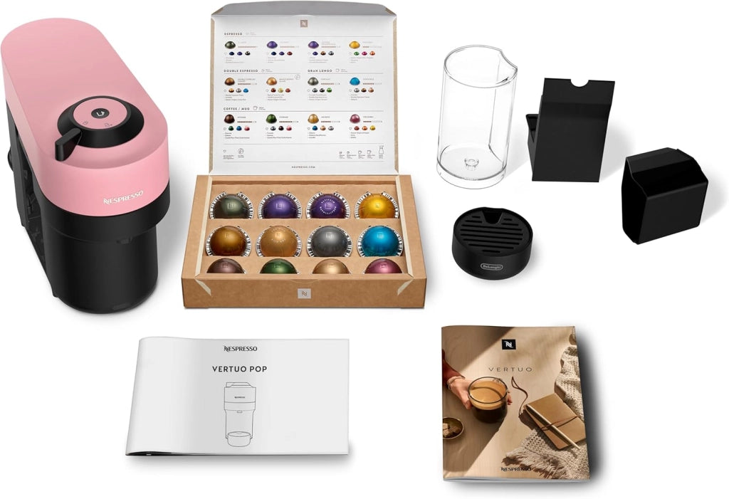 Nespresso De'Longhi Macchina Da Caffè A Capsule Vertuo Pop ENV90.P, Funzione Cold Brew, 4 Dimensioni Di Tazza, Connettività Bluetooth E WLAN, Pacchetto Di Benvenuto, Rosa