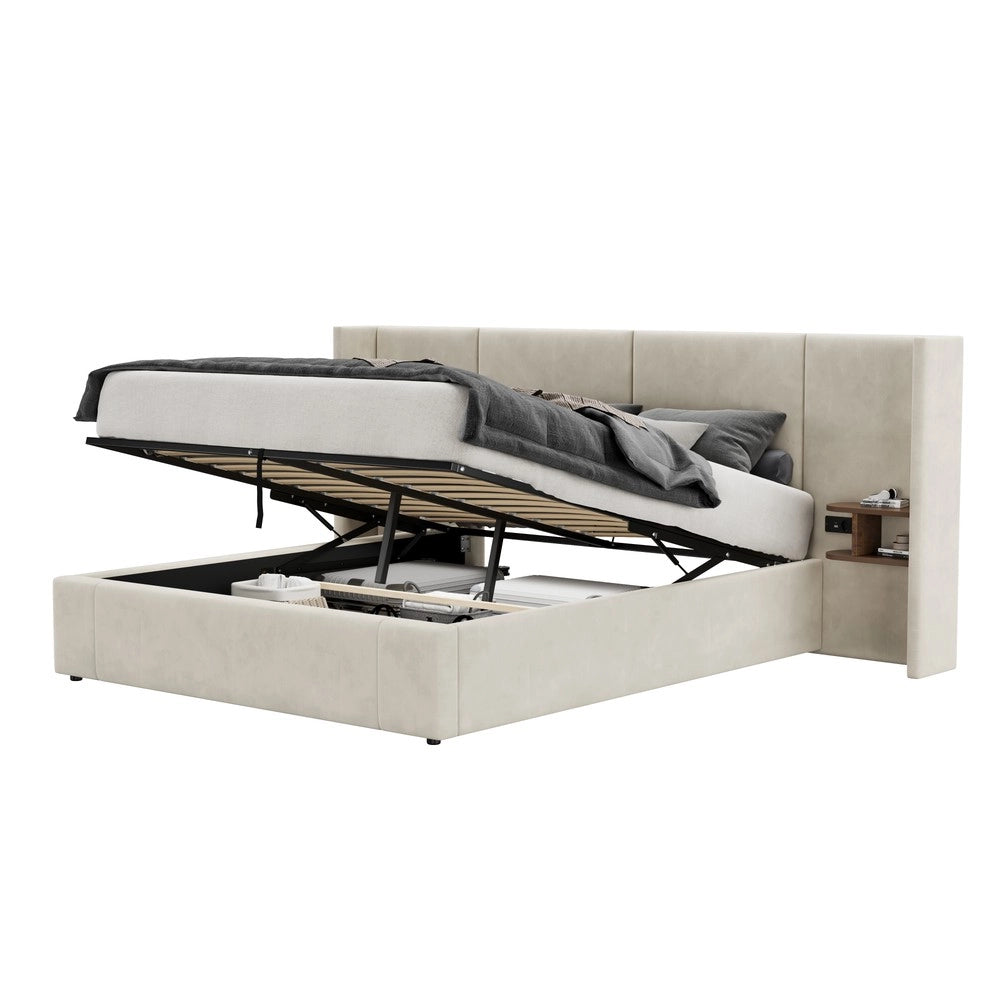 Letto Imbottito Contenitore 160x200 con Comodini ¨C MINIMAL ¨C Velluto Beige, USB, Doghe