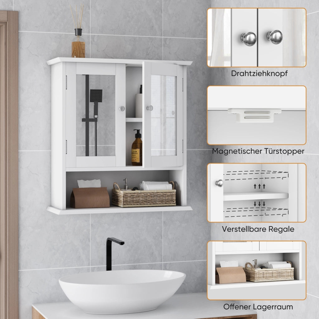 Mobile da bagno con specchio; 1 ripiano regolabile; per bagno; in MDF e vetro; bianco